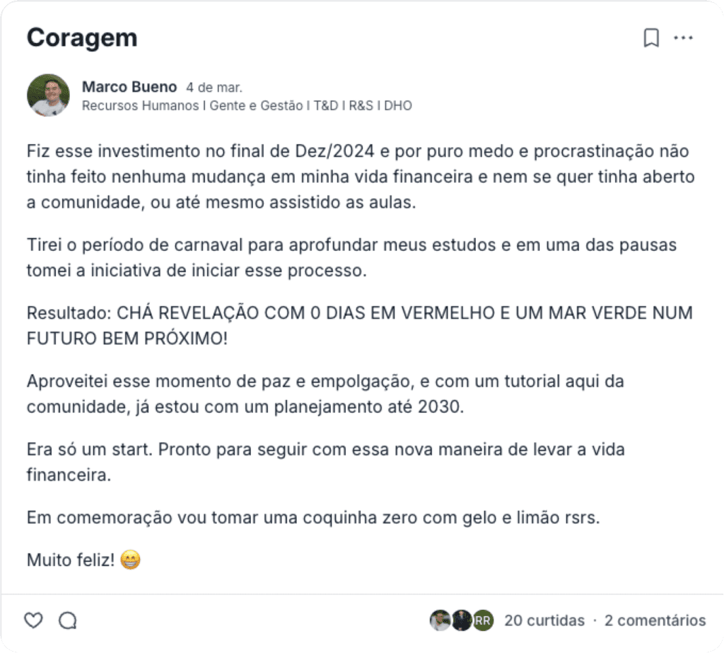 post de uma aluna na comunidade contando o seu chá-revelação