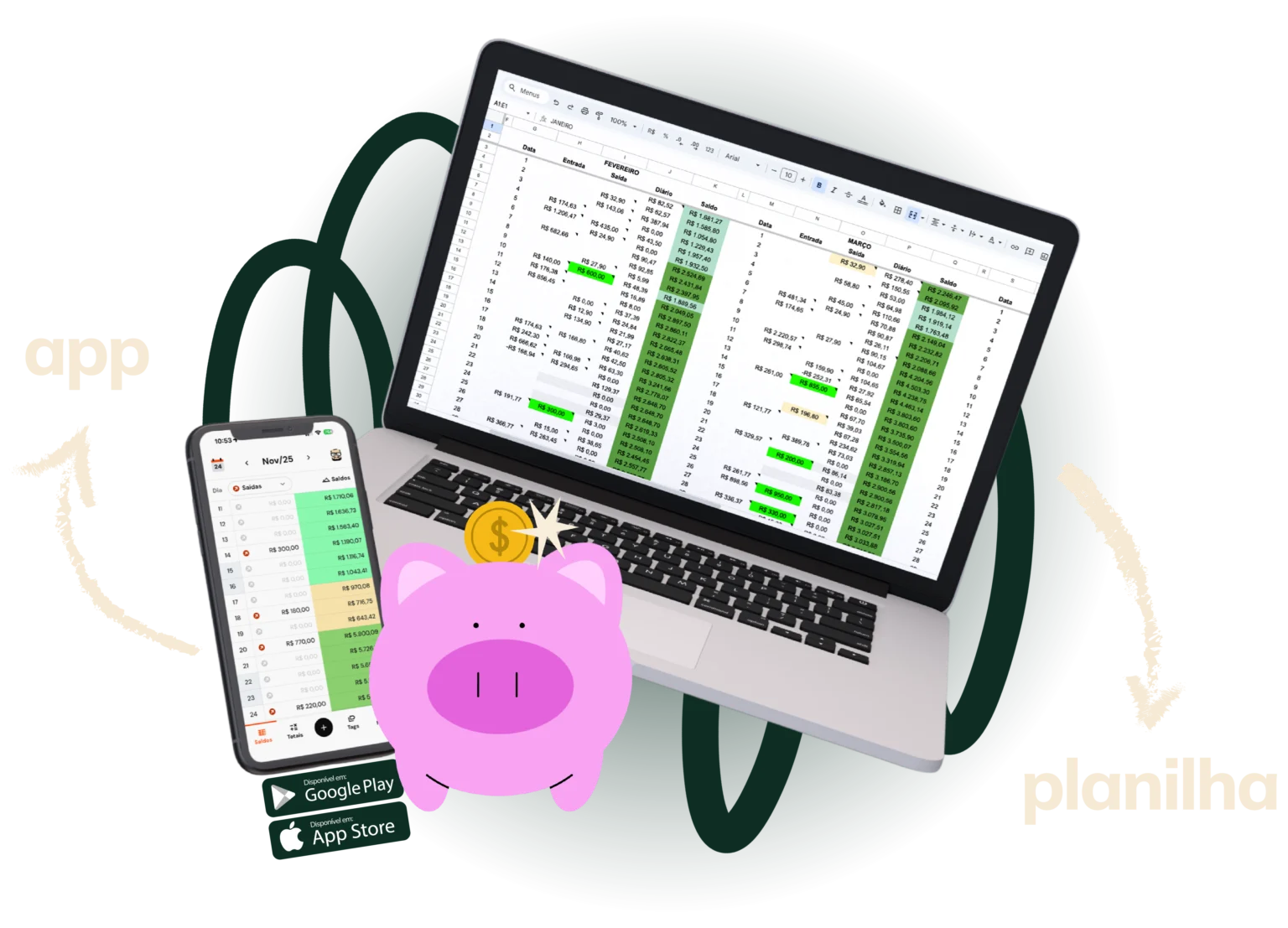 o app no celular e a planilha no computador, com um cofrinho